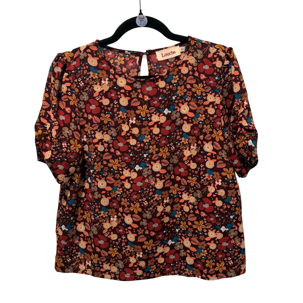 Louche London Zipporah Floral Puff Sleeve Blouse Burgundy Orange Women Size 10